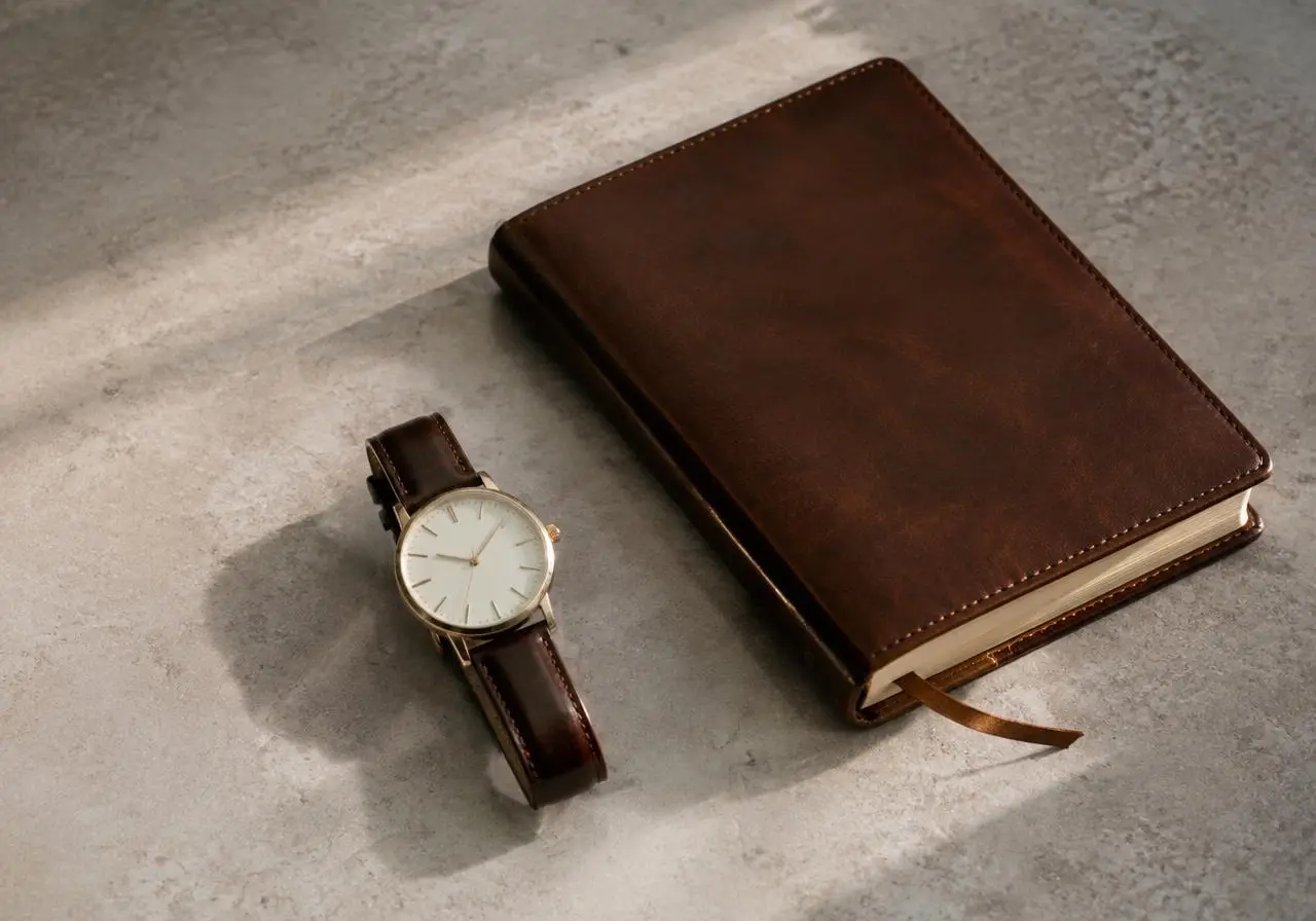 Wristwatch beside a leather diary