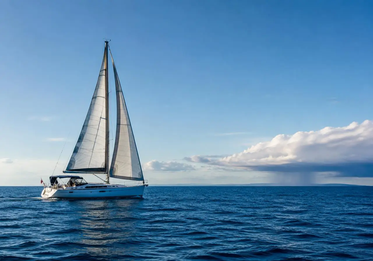 Yacht at sea with weather on the horizon