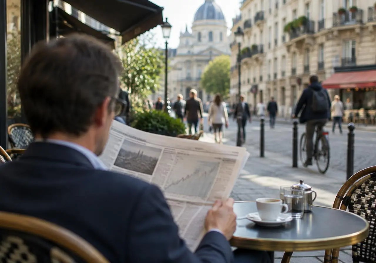 Reading the financial pages at a Paris café