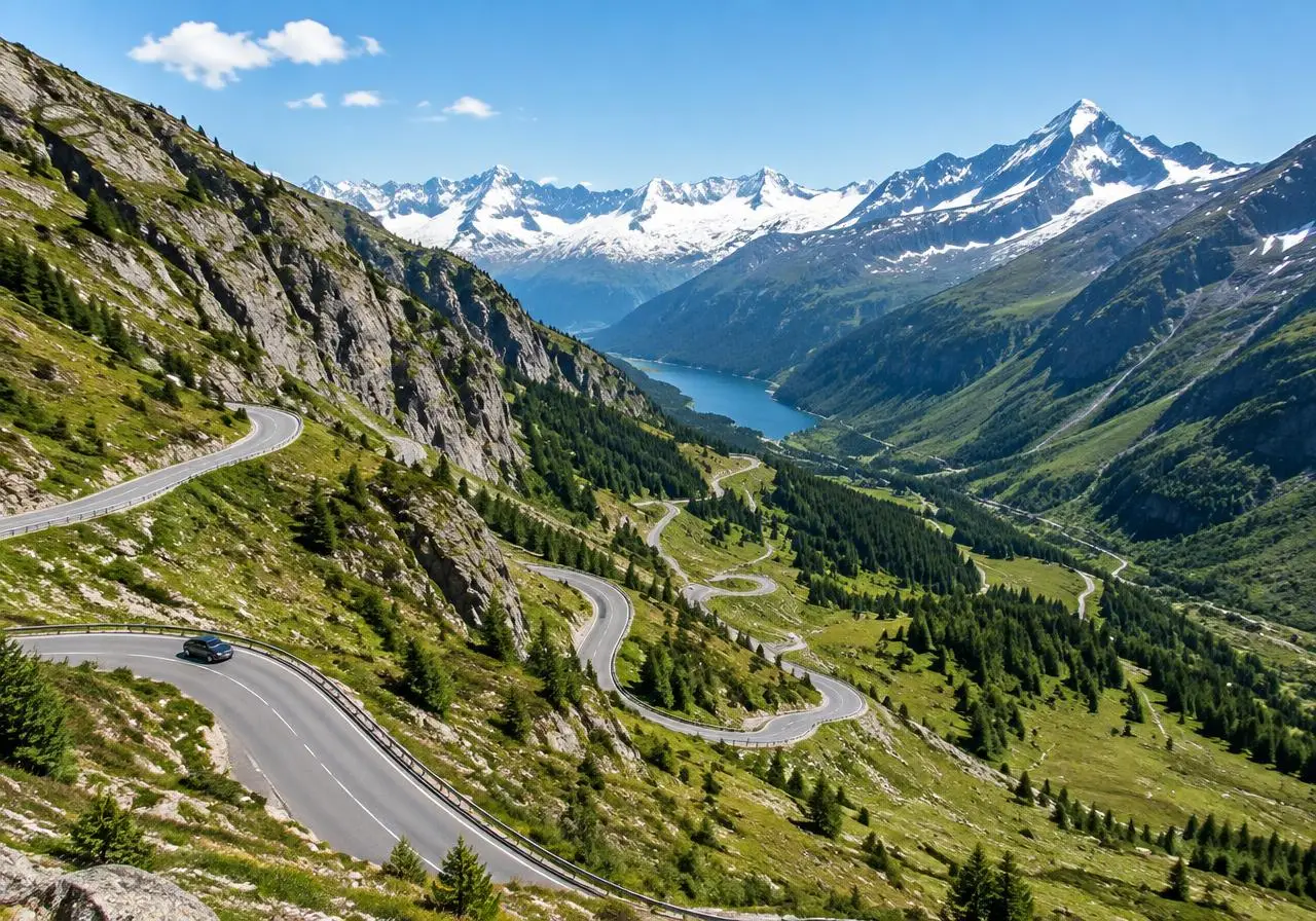 Winding Alpine road towards distant peaks