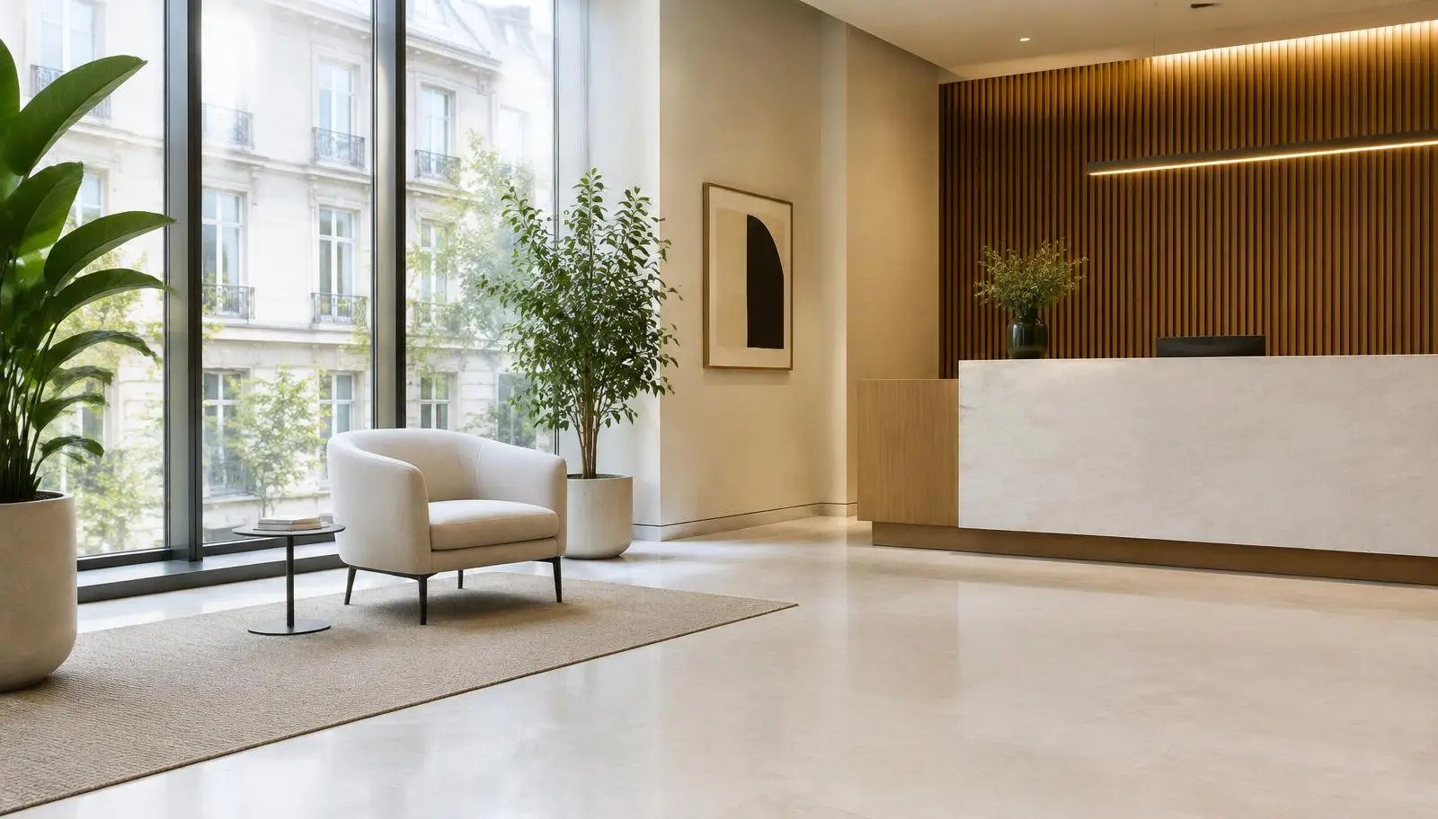 Calm reception lobby of a European office building