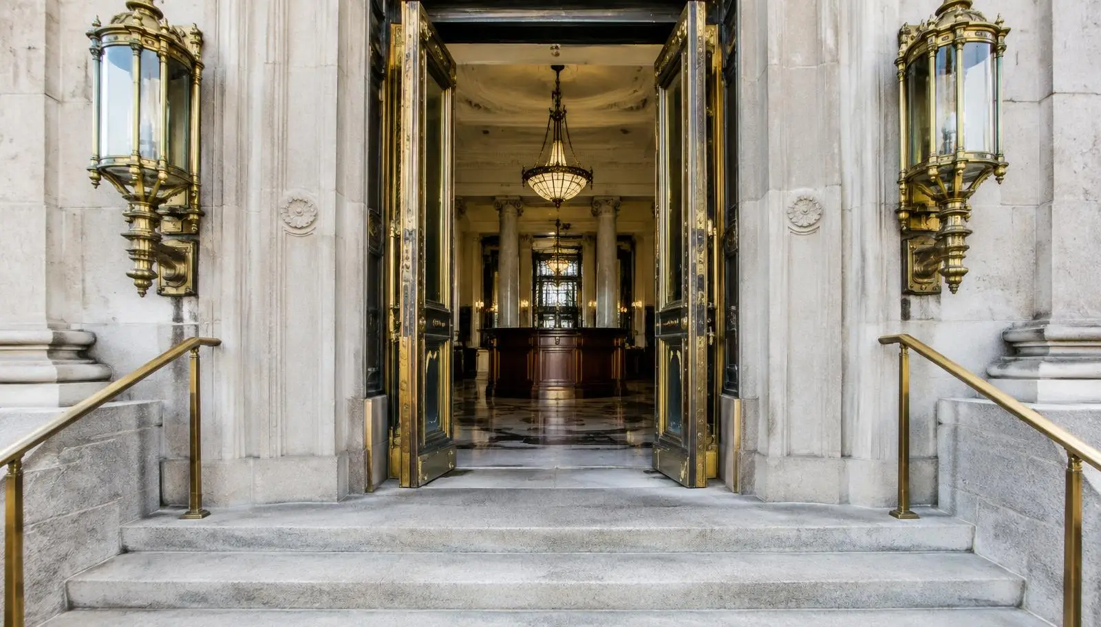 Open doors of a historic bank entrance